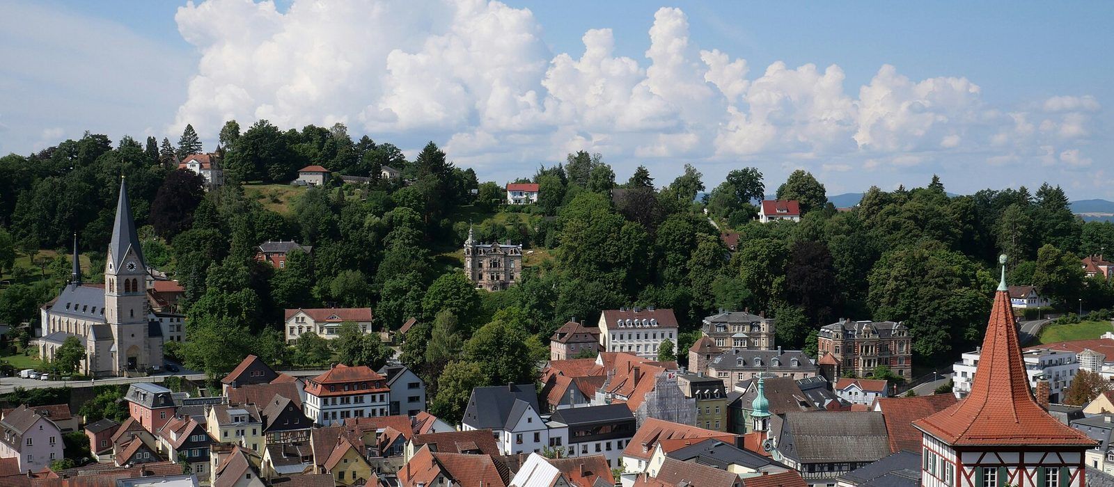 Toits de tuiles rouges d'une petite ville, vus depuis une colline